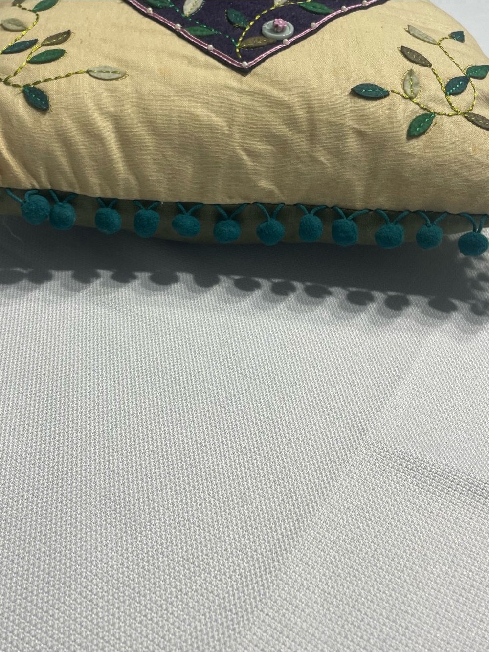 Natural Life Heart Embroidered Throw Pillow Cream Teal 12x12. Preowned. Pom Pom. - Picture 4 of 8